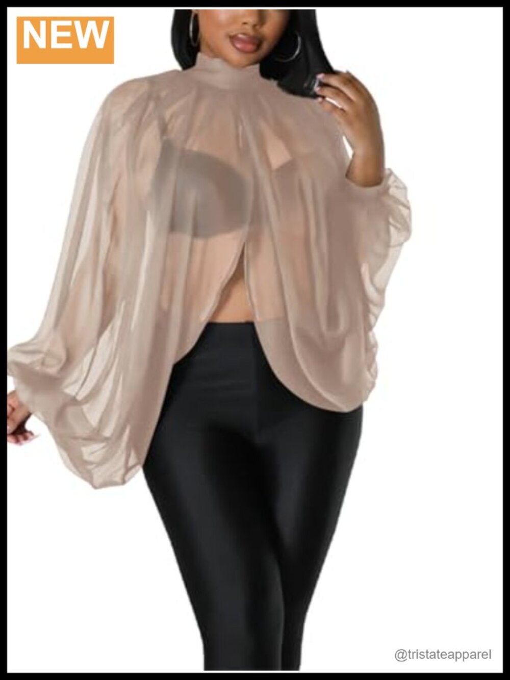 Women's Chiffon Batwing Sleeve Blouse Party Club Sheer Mock Neck